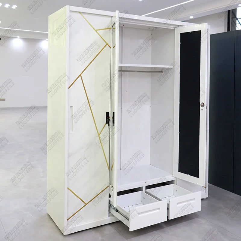 Bedroom Furniture Custom Printed Iron Drawer Mirror Cabinet Sliding 4 Door Metal Steel Wardrobe