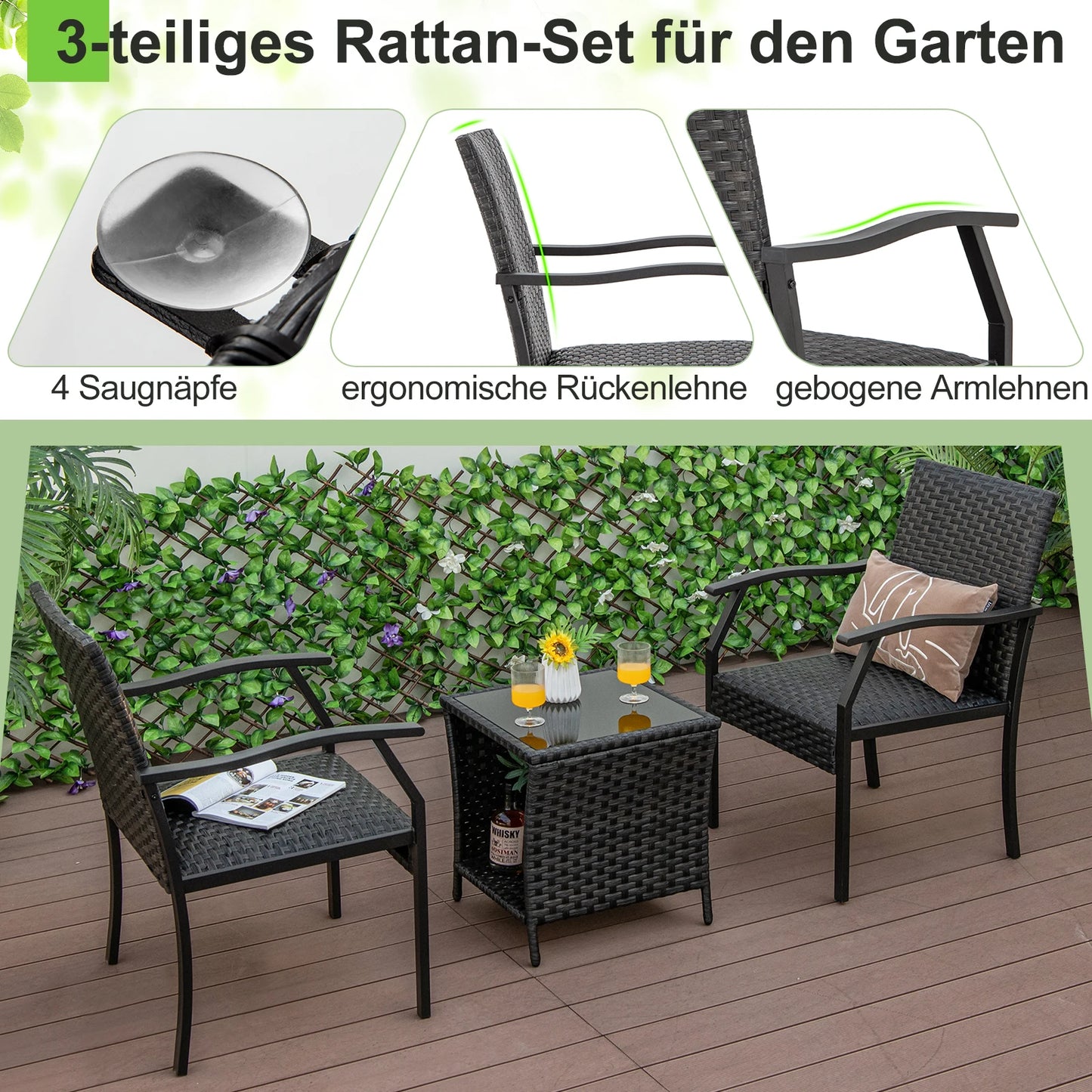 3-piece garden furniture set, rattan balcony set with 2 chairs and table, balcony furniture with upholstered seat, rattan furniture for small