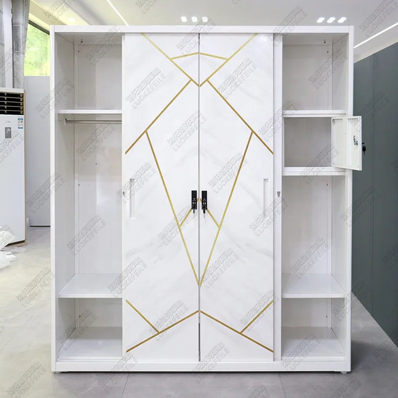 Bedroom Furniture Custom Printed Iron Drawer Mirror Cabinet Sliding 4 Door Metal Steel Wardrobe