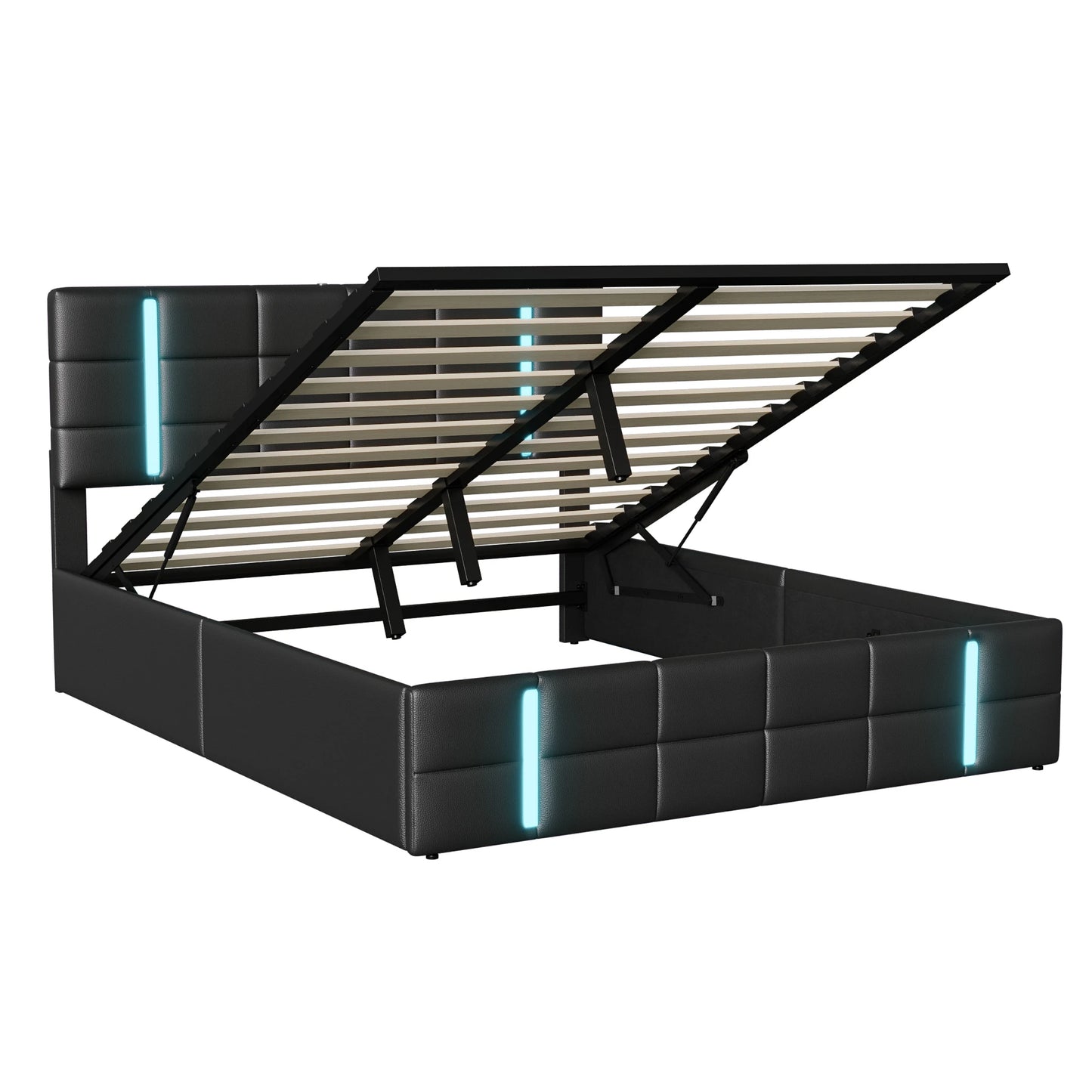 Lazyspace PU Upholstered Bed,Lifting Storage Bed Frame,2 USB Ports+ LED Light,Modern Home Bedroom Furniture 140/160x200cm
