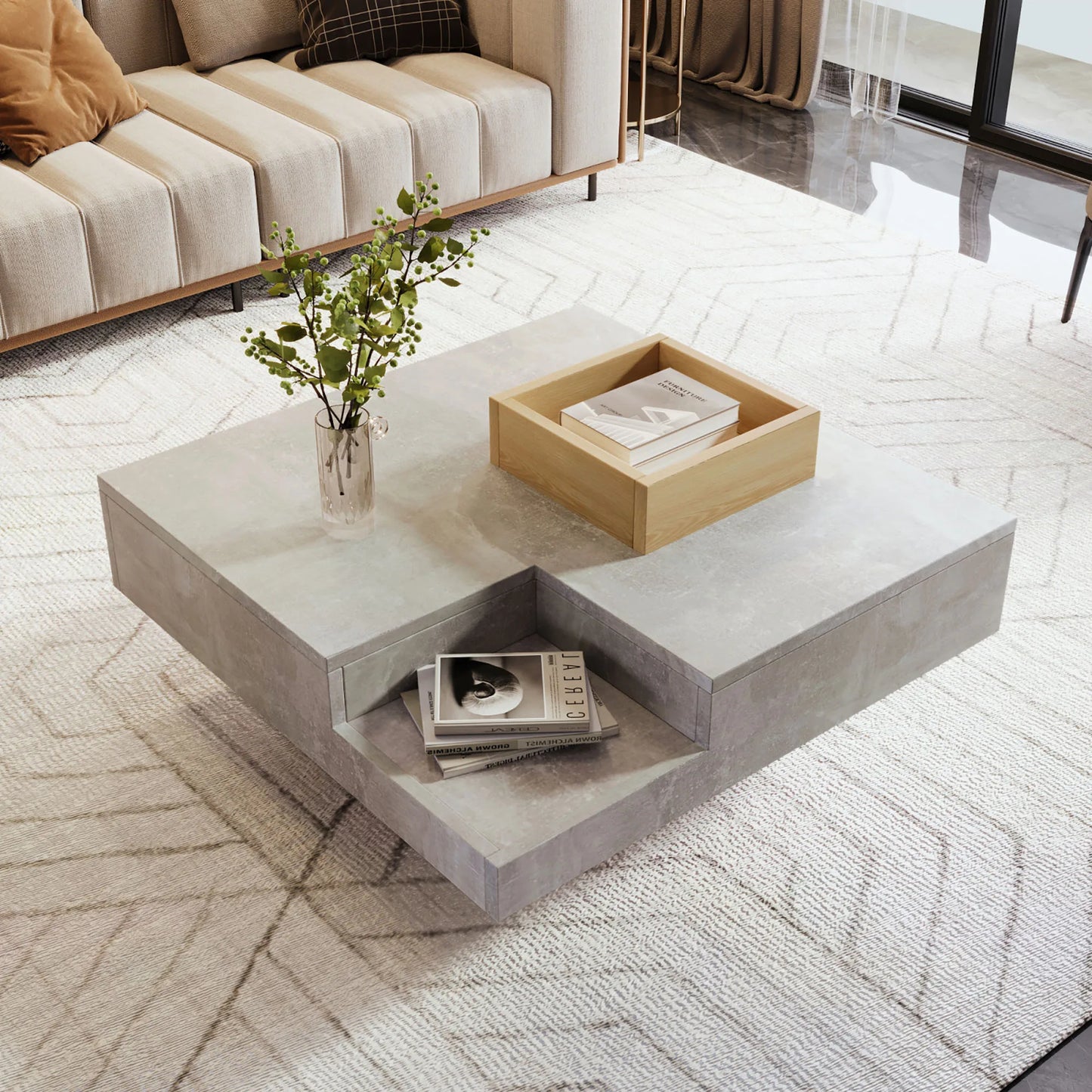 Concrete Gray Coffee Table, Wooden Tea Table for Living Room, Side Table with Removable Storage Tray, 72*72*30 cm