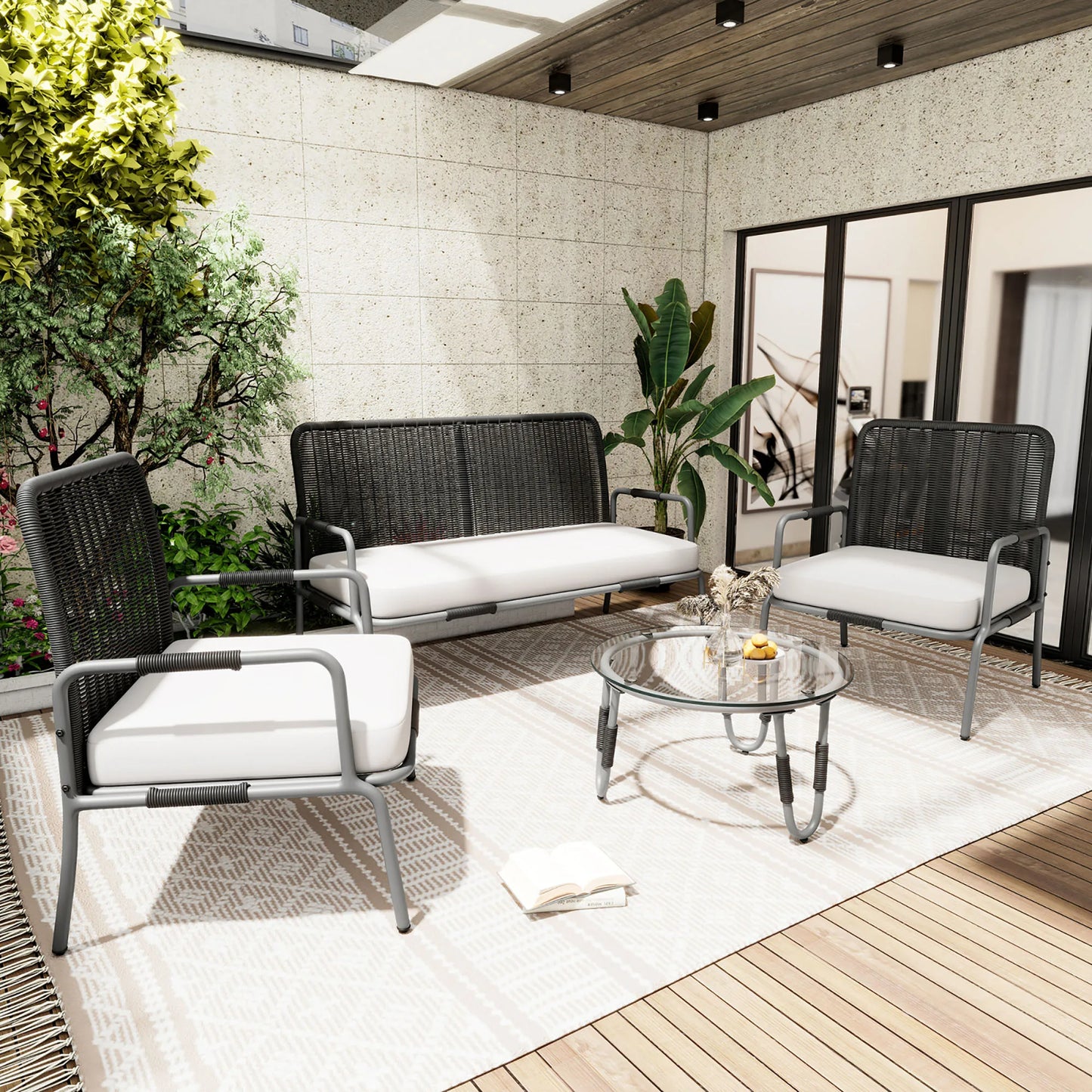 Poly Rattan Furniture Set with Armchair, Coffee Table & Cushions, Removable and Washable Fabric Cover Garden Furniture Set