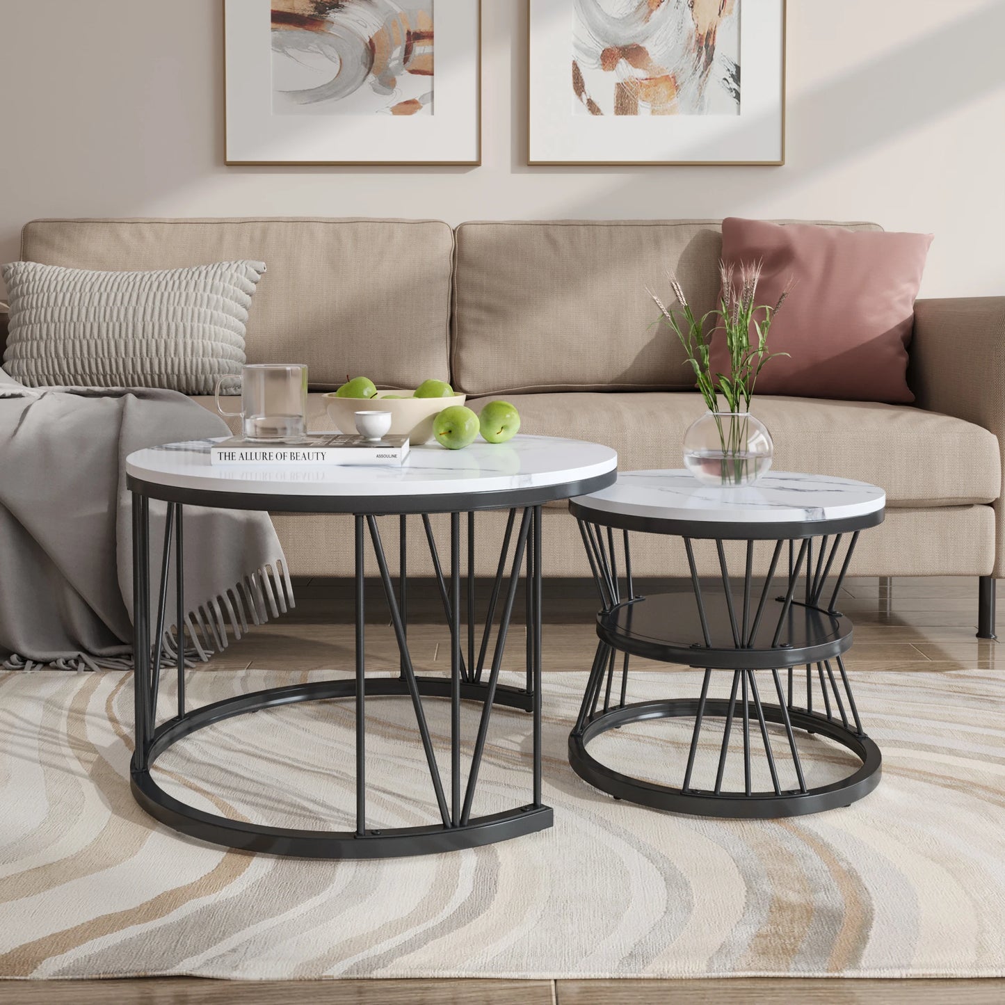 Coffee Table, Round coffee Table Set of 2, Marble Look Coffee Table with Metal Leg Frame, Sofa-side Table, Embedded Coffee Table
