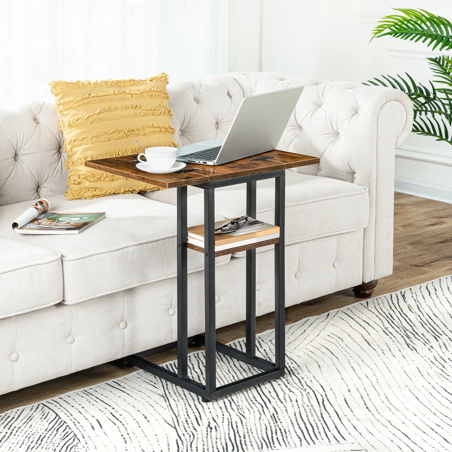 HOOBRO C-Form Side Table Folding Sofa Table Coffee Table Snack Table with Storage Shelf Slim Bedside Table For Livingroom Bedrom