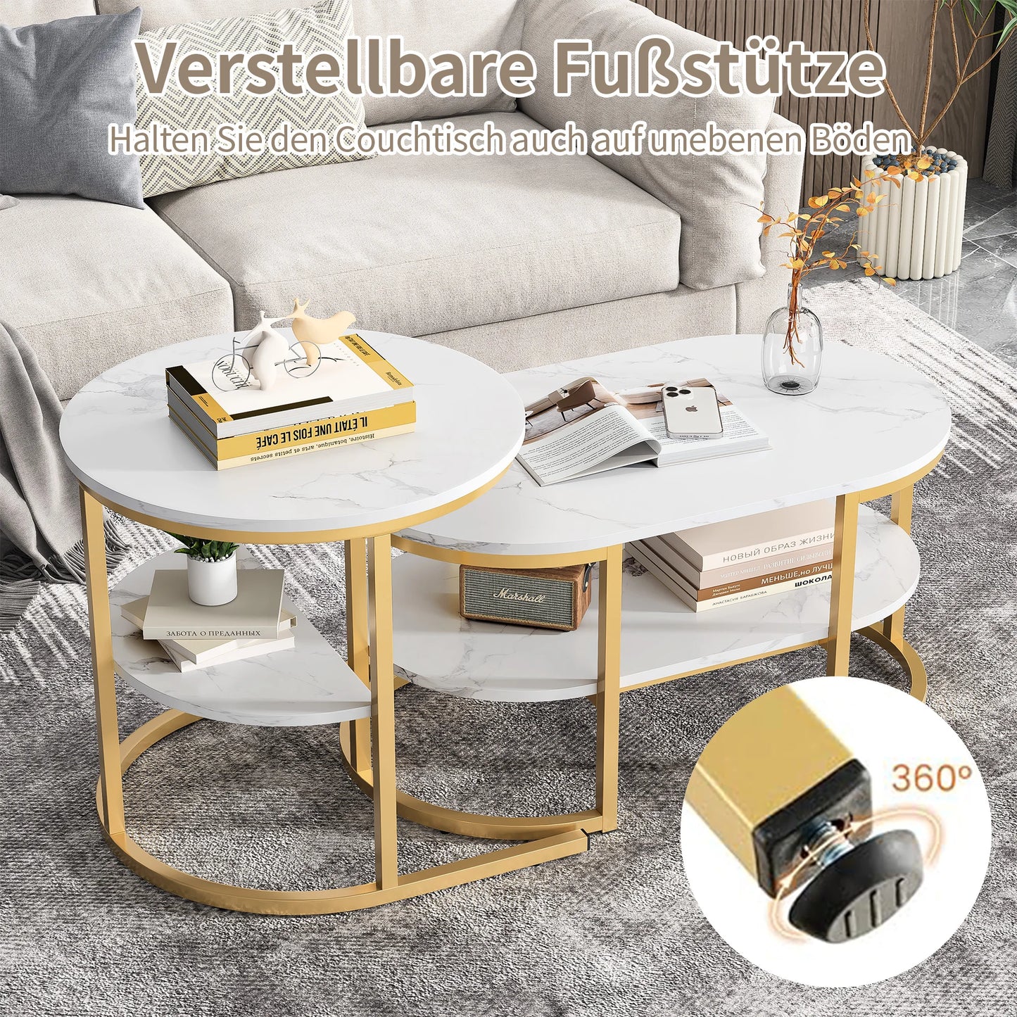 Lazyspace Coffee Table Round White Marble with Gold/Black - Round Living Room Table Set of 2 for Living Room - Diameter 80x52cm