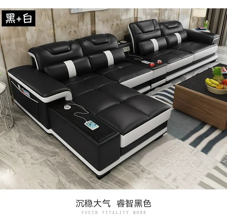 High-quality Durable Living Room Sofa Set Corner Sofa Speaker Real Genuine Cow Leather Sectional Sofas Bluetooth Headrest