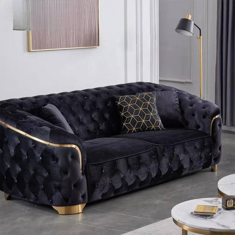 Modern luxury velvet Chesterfield Lounge sofa set with gold base and wooden legs for villa living room