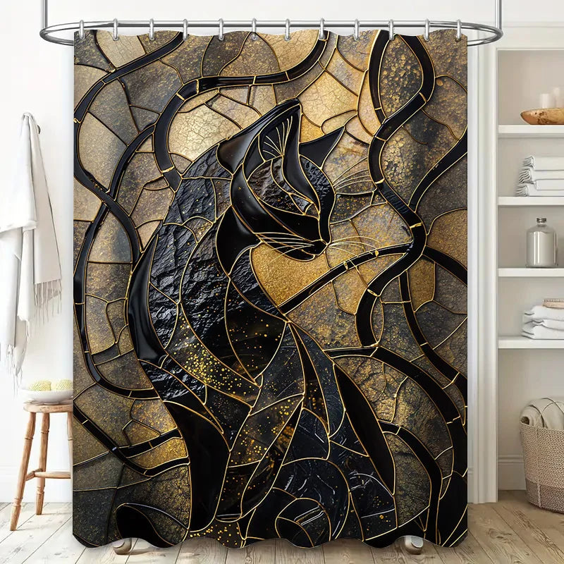 Luxurious Gold Black Cat Print Shower Curtain 3D Waterproof Decor for Bathroom Modern Home Accessories Easy Installation Kit Inc