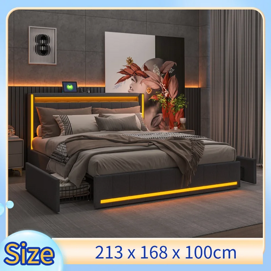 Creahappy  Soft-padded bed frame - 160x200cm - with LED lights, charging ports at the headboard, and four storage compartments
