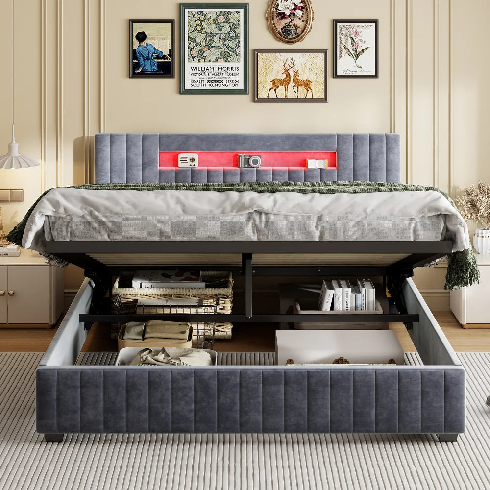 Anajqaqia Upholstered Double Bed with Storage Space, with Led Light, 140x200cm 160x200cm Gray