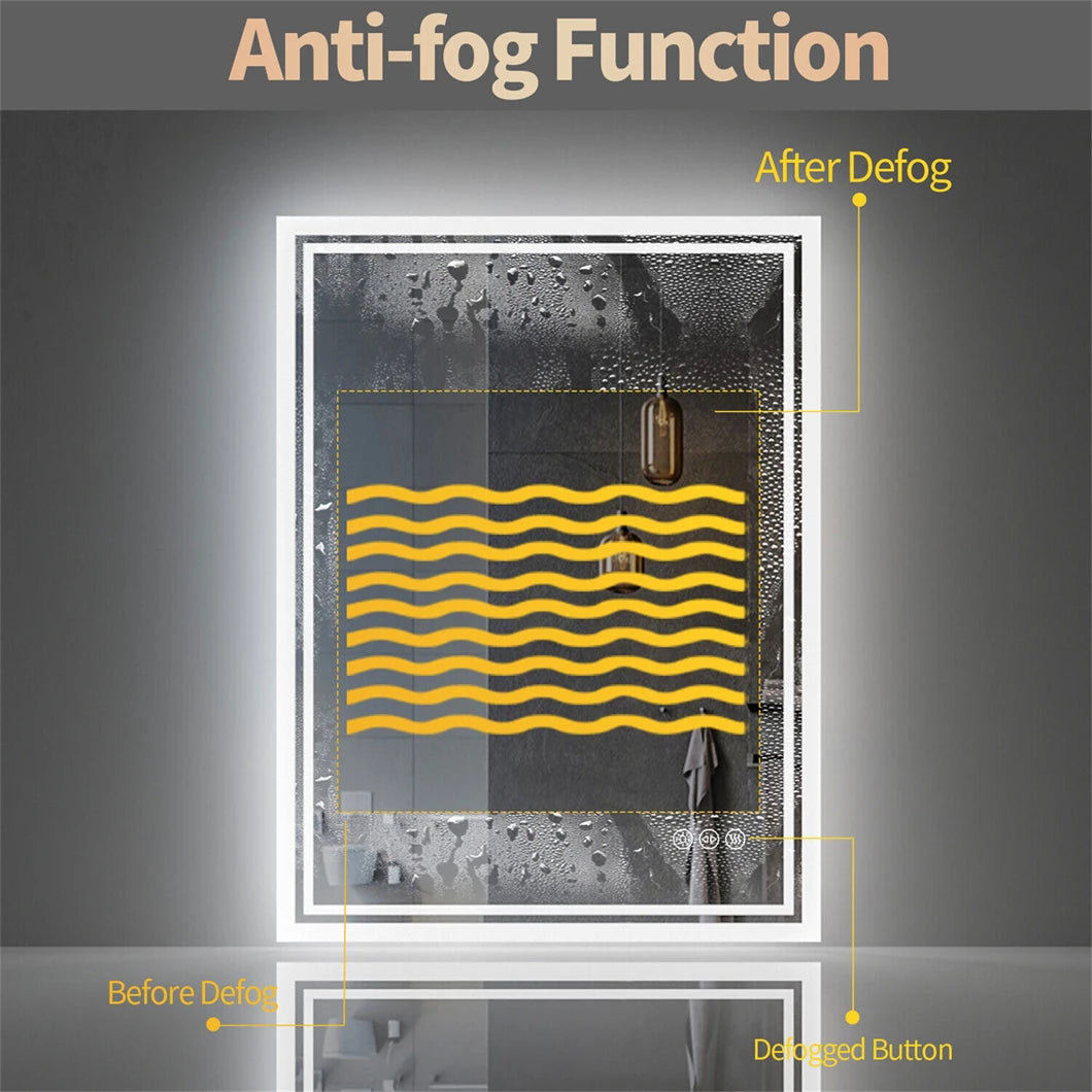 LED Bathroom Mirror 3 Size Dimmable Wall Mounted Mirror Rectangle Makeup Mirror Demist, Vertical/ Horizontal Backlit, IP65 Rated