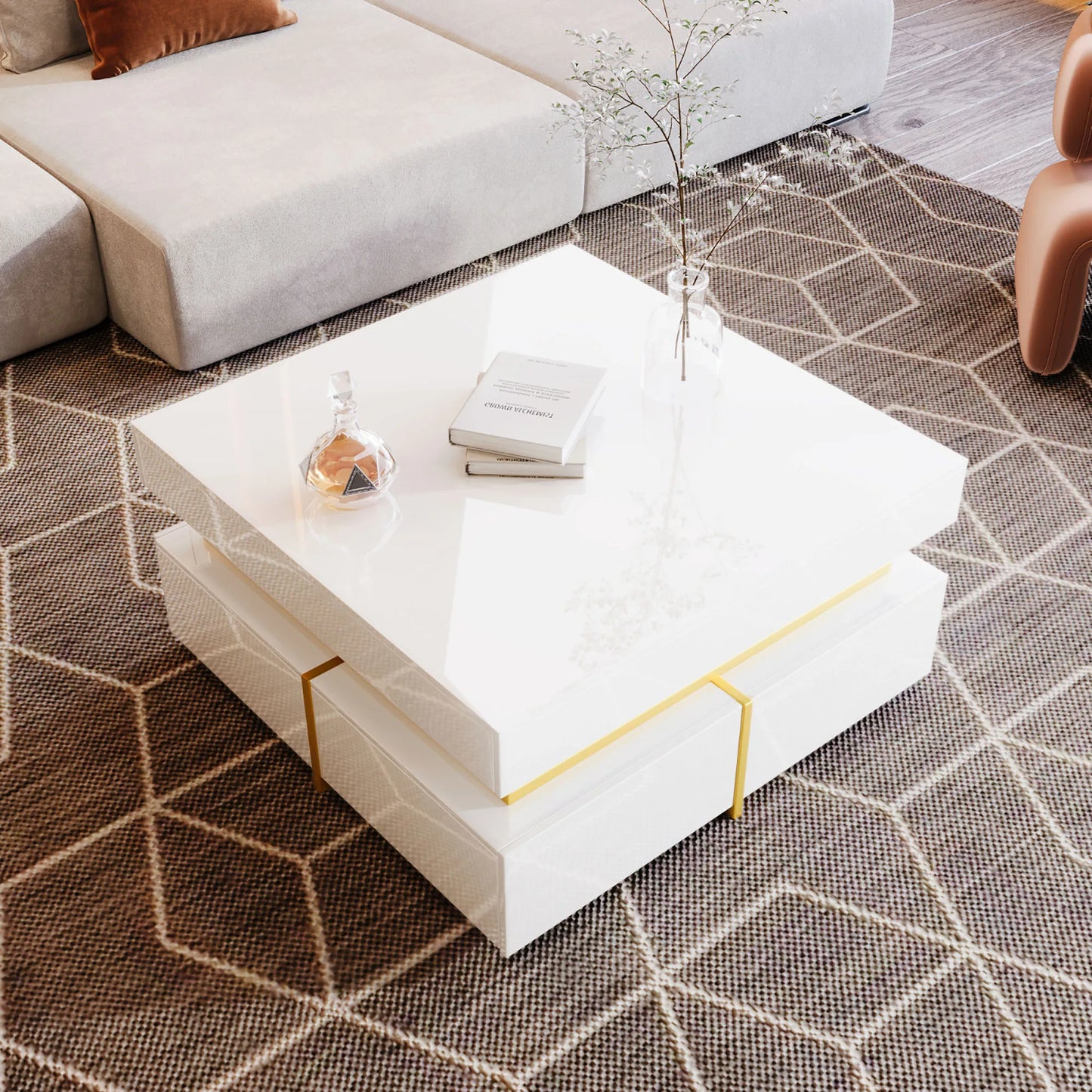 Coffee Table, High-Gloss Living Room Tea Table, Side Table with Drawers and Golden Accents, 70X35.5X70Cm
