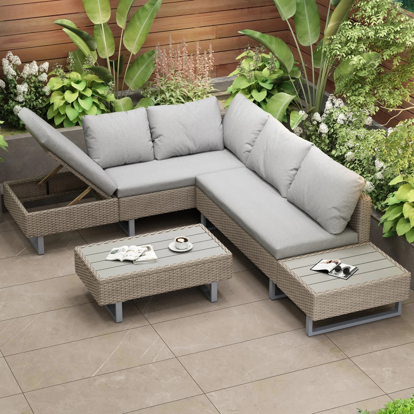 Poly Rattan Garden Lounge Set – 4-5 Seater Corner Sofa with Table & Cushions, Removable Washable Covers, Khaki