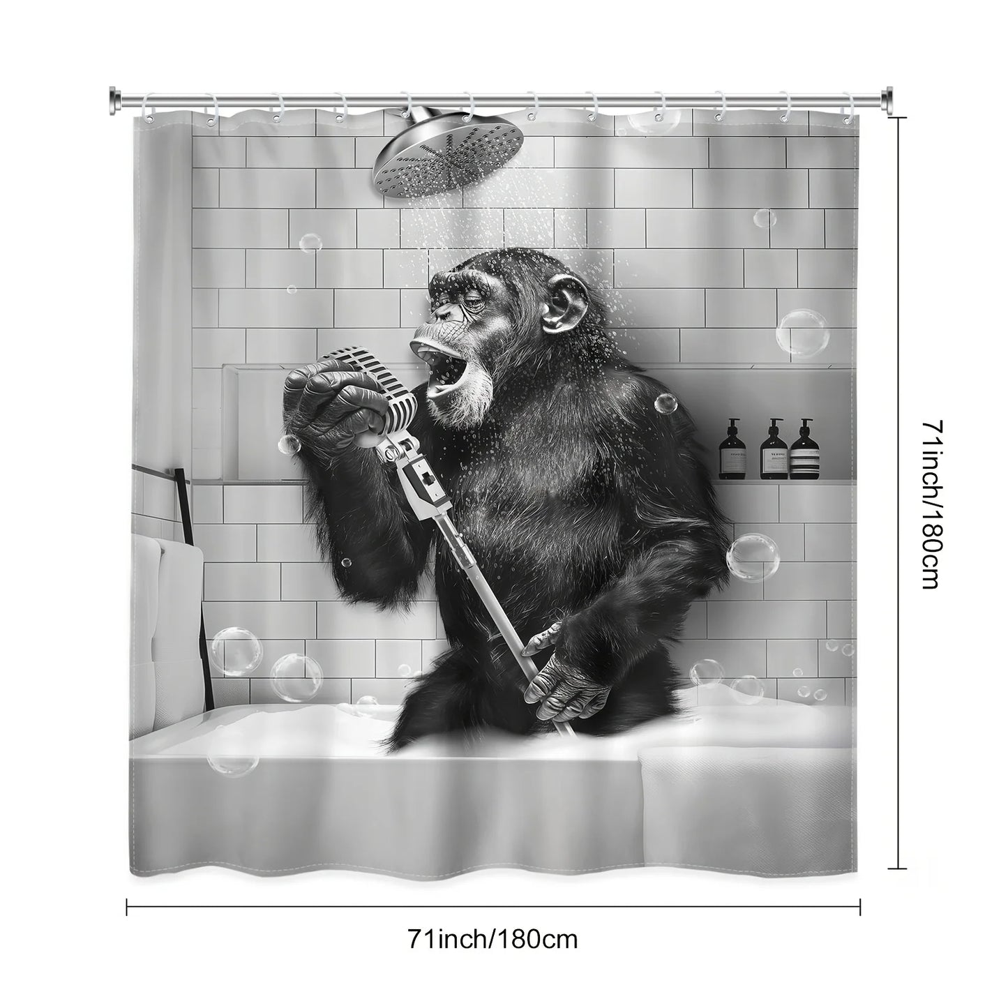 1pc/4pcs - Funny Monkey Shower Curtain Set, Black and White Animal Chimpanzee Singing in Bathtub, Mens Modern CoolBathroom Decor
