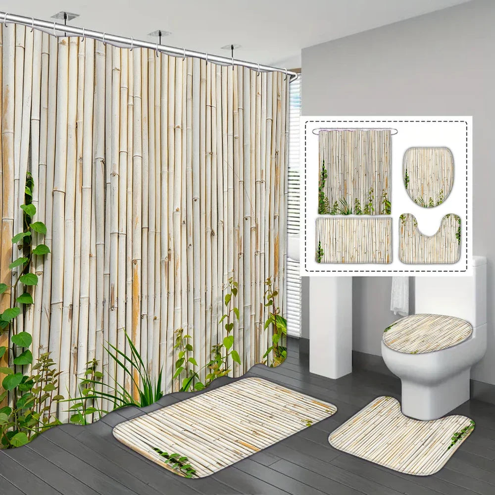 4-piece set of bamboo forest plant printed waterproof shower curtains with 12 hooks and bathroom floor mats