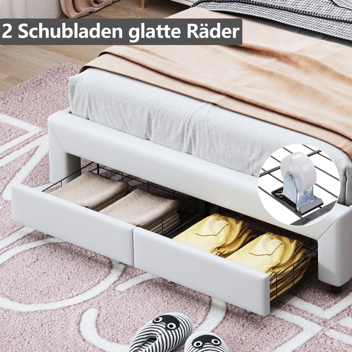 Children's bed, double bed 140x200 cm, crown-shaped princess bed, PU leather, adjustable LED ambient light strip - white