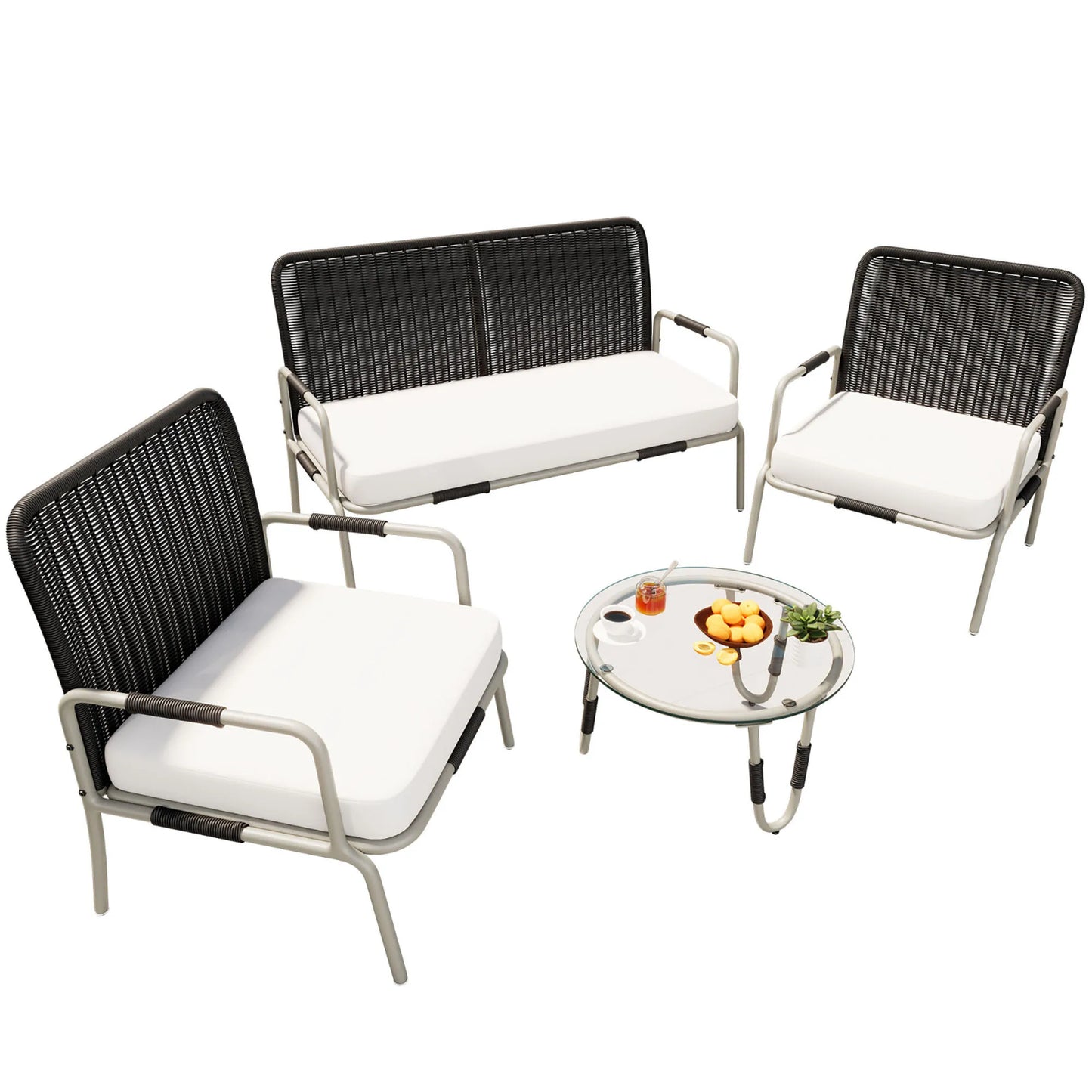 Poly Rattan Furniture Set with Armchair, Coffee Table & Cushions, Removable and Washable Fabric Cover Garden Furniture Set