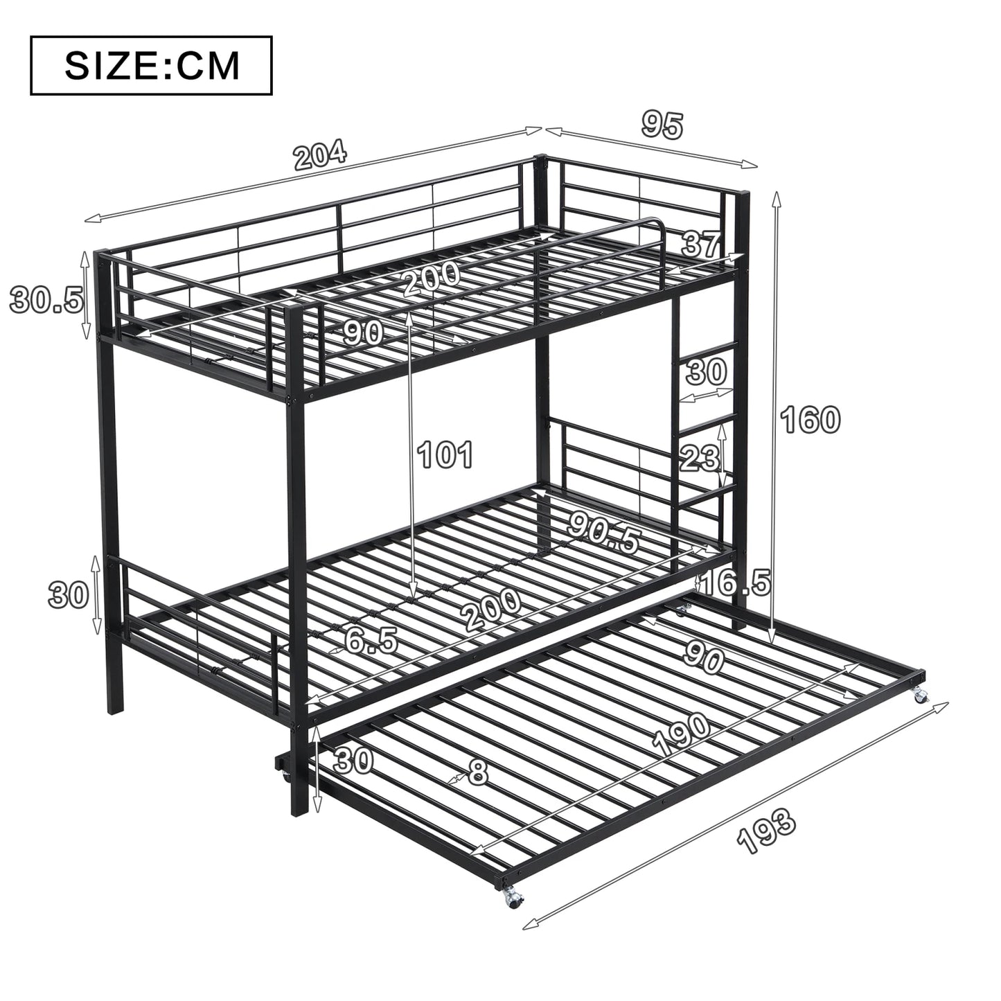 Comanlai 90×200cm Children's Bed Frame,Double Bed with pull-out Bed,Iron Bunk Bed Frame with Fall Protection,Three Bed Frame