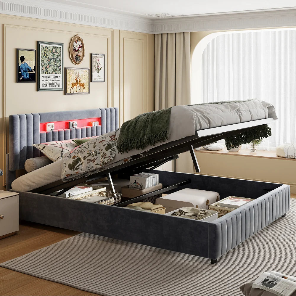 Anajqaqia Upholstered Double Bed with Storage Space, with Led Light, 140x200cm 160x200cm Gray