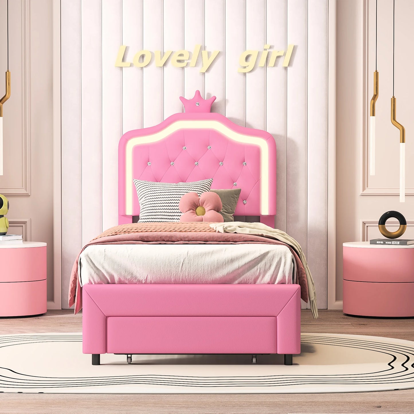 Anajqaqia 90×200 cm Children's Bed Single Bed, Crown Princess Storage Bed with Drawers and LED Headboard and Slatted Frame, PU