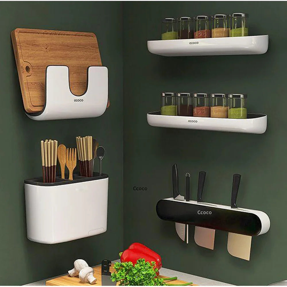 ECOCO Kitchen shelf perforated wall mounted household seasoning supplies complete knife rack rack multi-functional storage rack