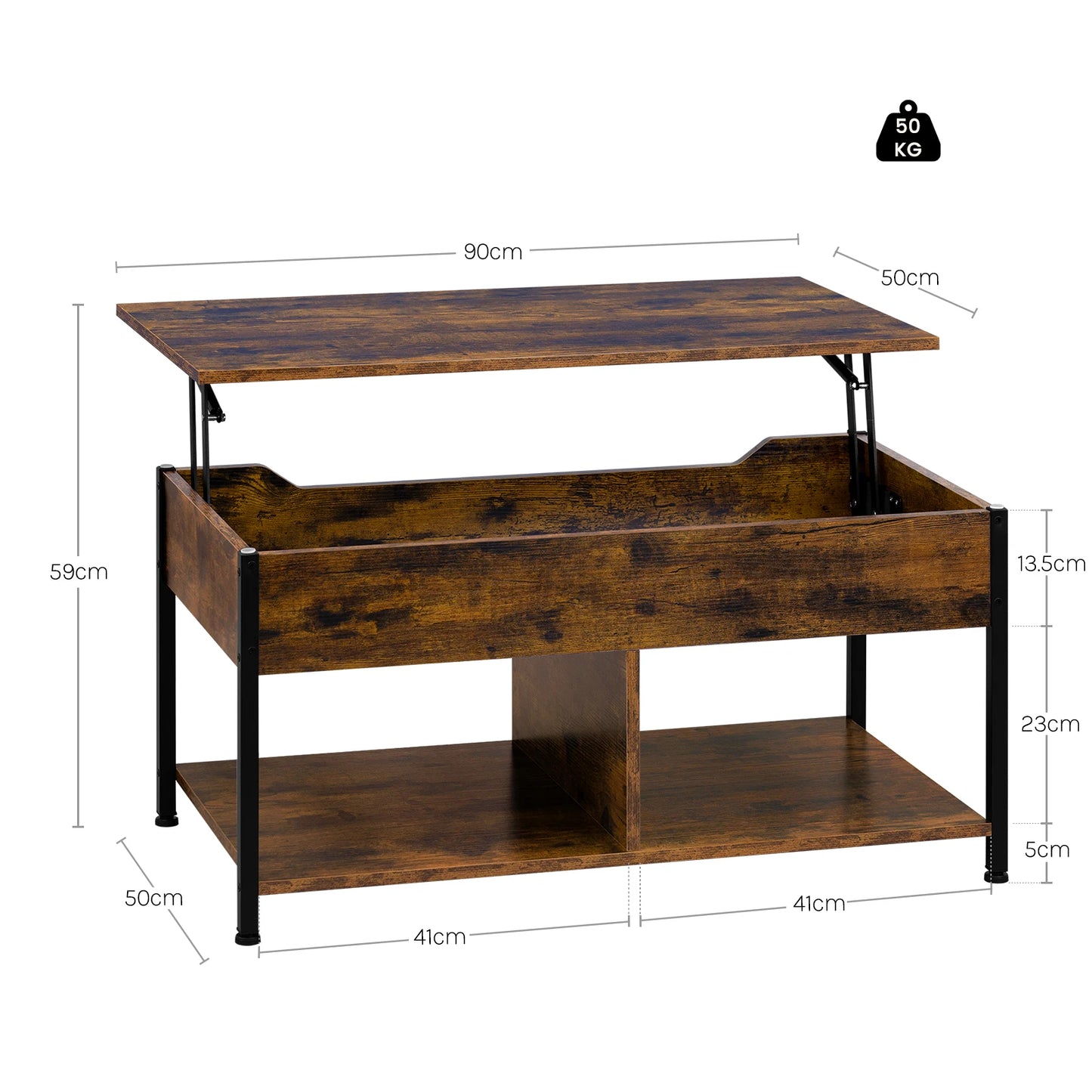 WOLTU Coffee Table Height Adjustable Table 50x90x45cm Wood Sofa Table with Lifting Plate Lift Top Side Table for Living Room