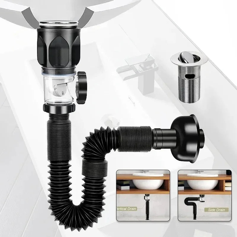 Stainless Steel Basin Odor Proof Drainage Pipe Set Drain Washbasin Sink Wall Drain Horizontal Drainage Pipe Kitchen Accessories