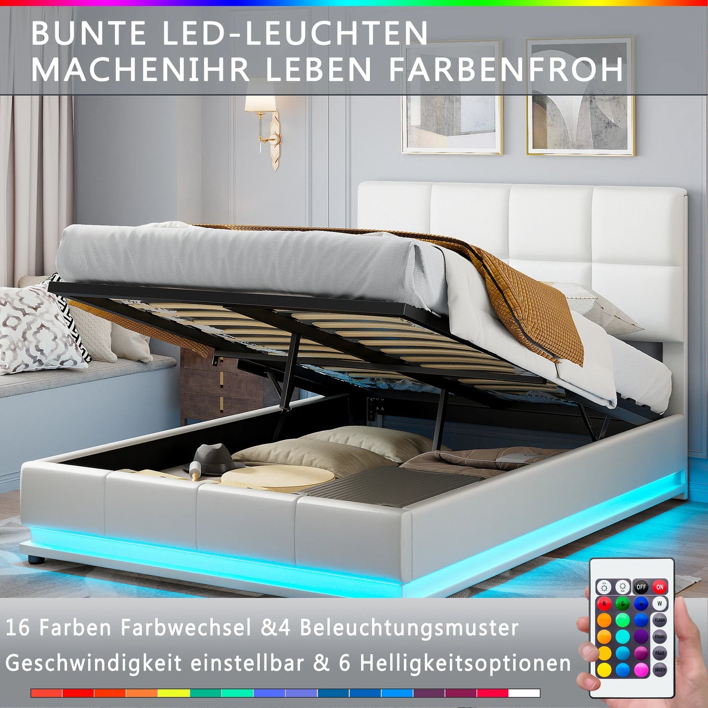 Anajqaqia 140×190 cm Upholstered Bed, Hydraulic double bed with LED lights and slatted frame, with Backrest headboard, PU, White
