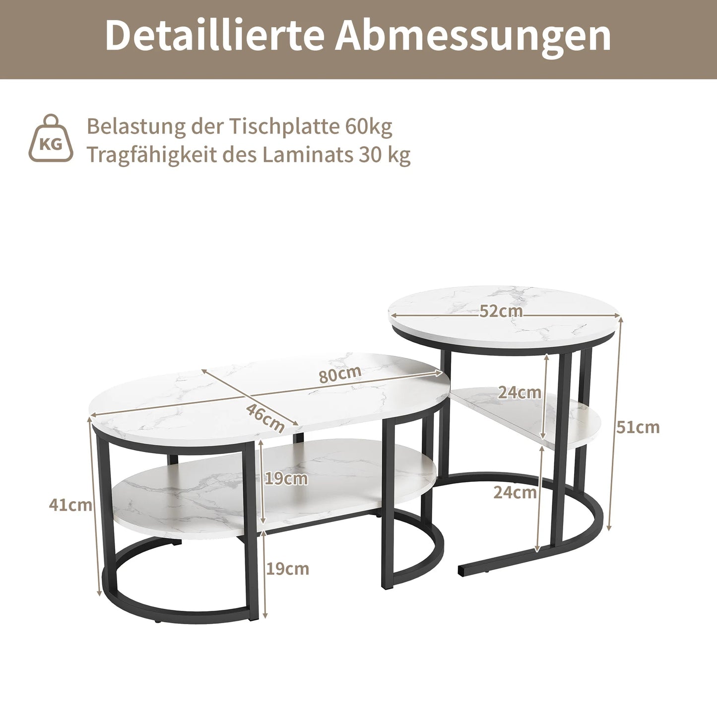 Lazyspace Coffee Table Round White Marble with Gold/Black - Round Living Room Table Set of 2 for Living Room - Diameter 80x52cm