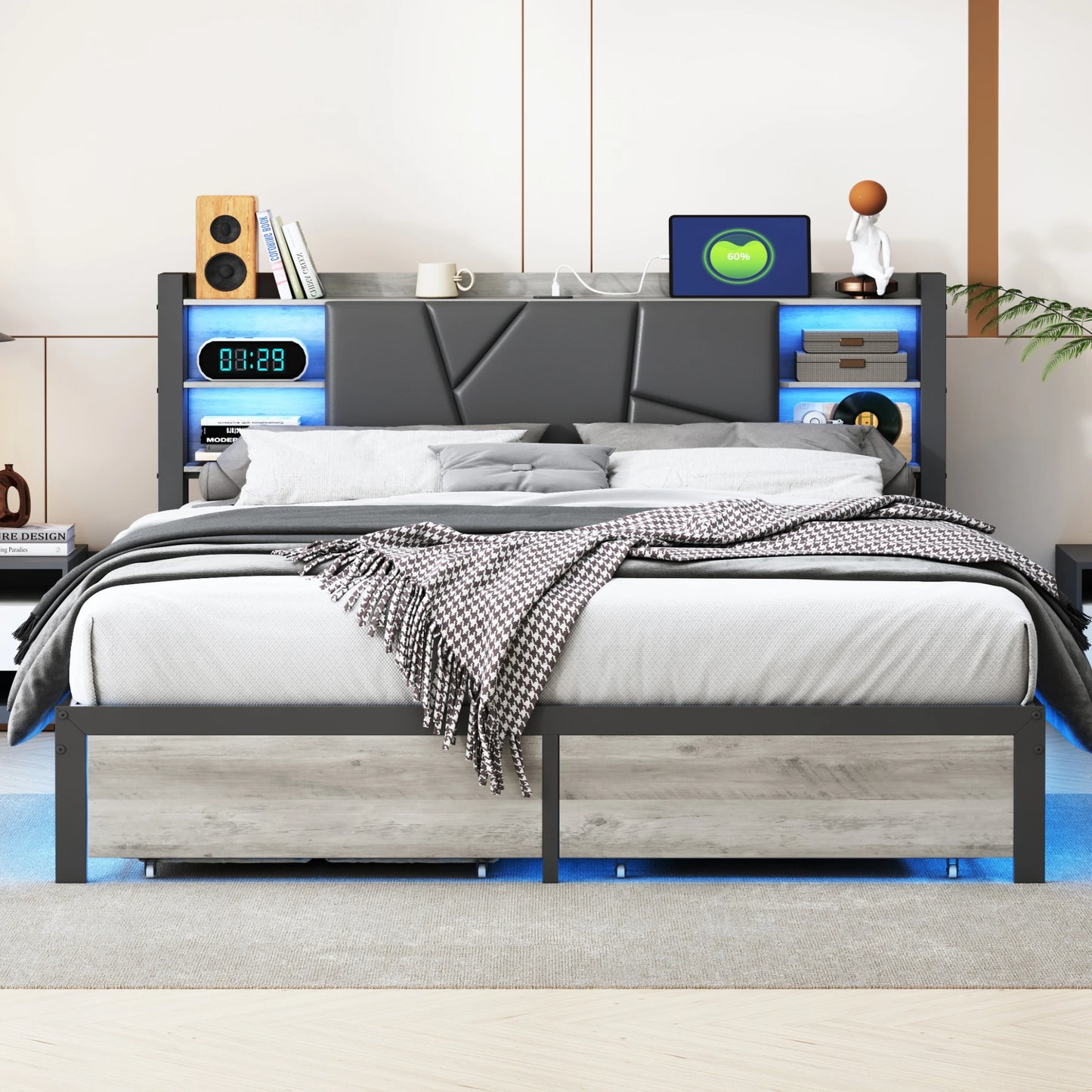 Anajqaqia 140×200cm Upholstered Double Bed, with LED Lighting and 2 Drawers, with Integrated Bedside Table and Socket, PU, Black