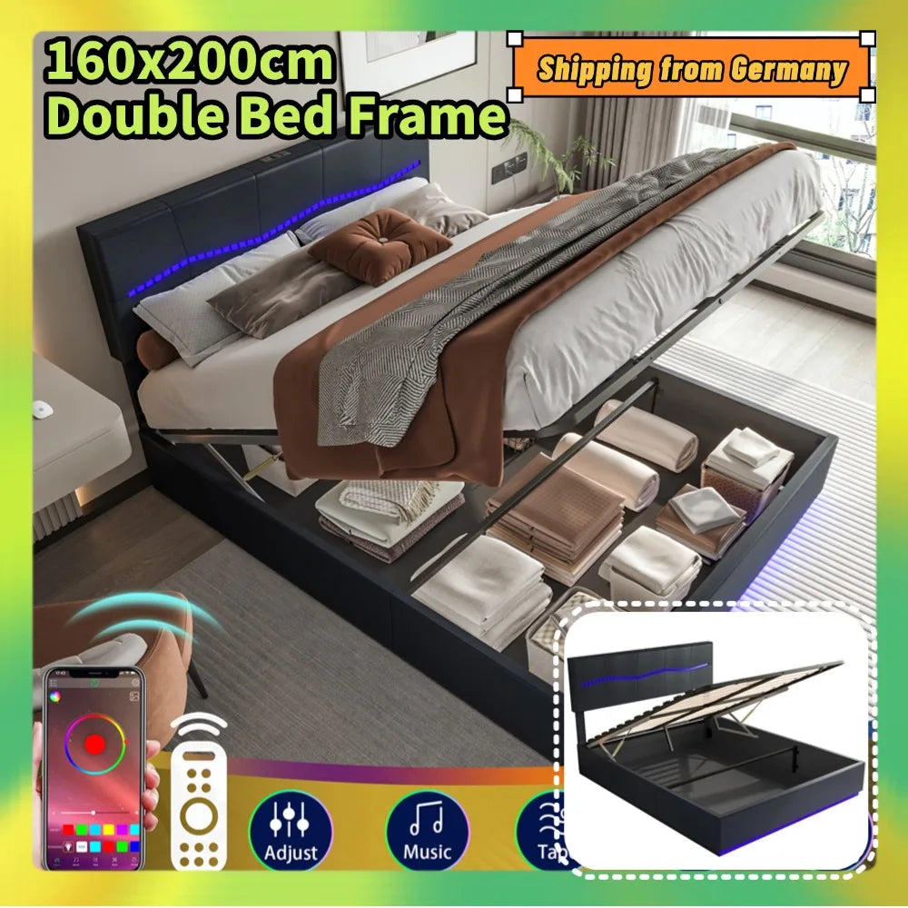 Comanlai 160x200cm Upholstered Bed,Double Bed with LED Lights and Charging Port,Hydraulic Storage Bed,PU Leather,Black