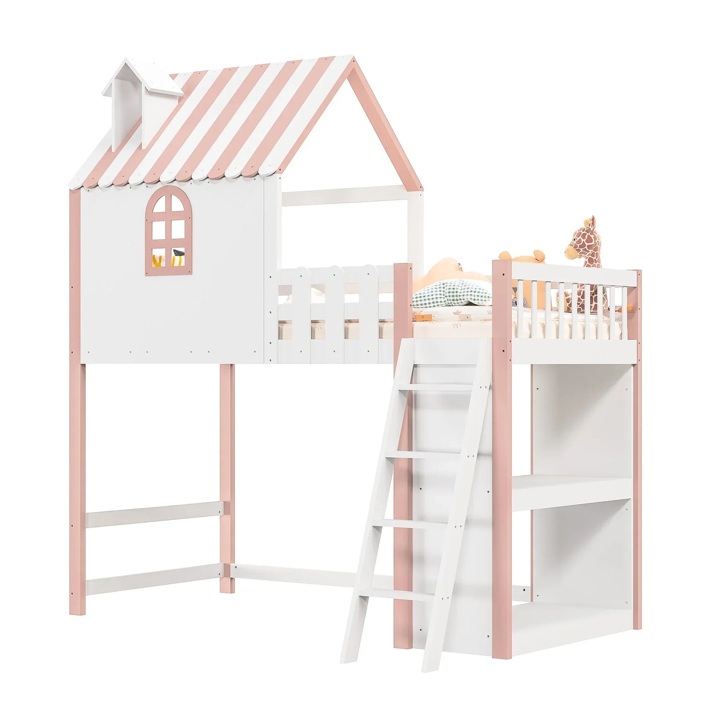 Lazyspace Loft Bed for Children, Children's Bed Frame with with Window and Railing, Wood Bunk Bed Frame with Storage Shelf