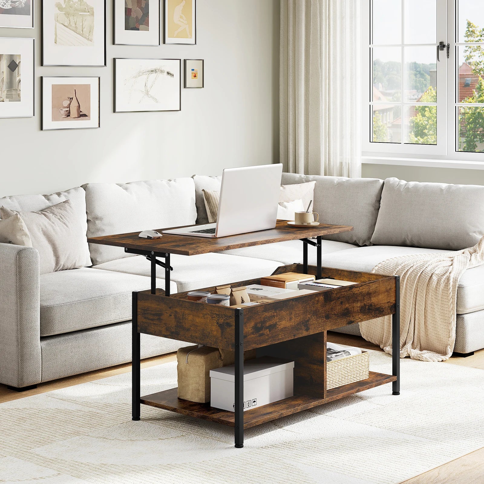 WOLTU Coffee Table Height Adjustable Table 50x90x45cm Wood Sofa Table ...
