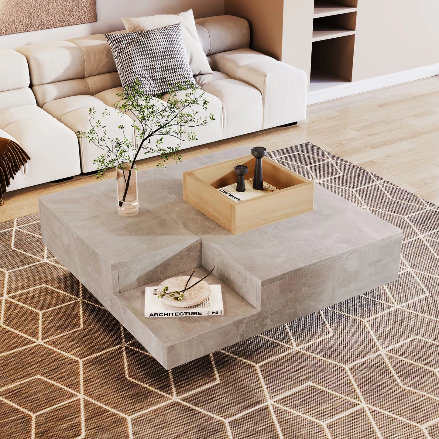Concrete Gray Coffee Table, Wooden Tea Table for Living Room, Side Table with Removable Storage Tray, 72*72*30 cm