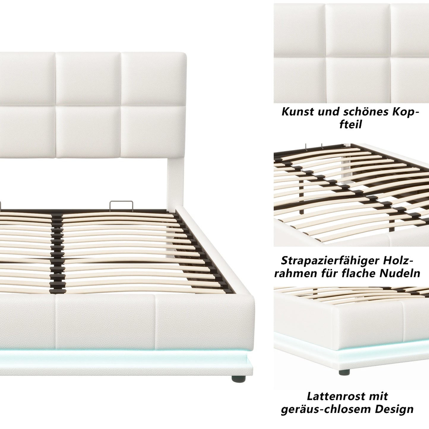 Anajqaqia 140×190 cm Upholstered Bed, Hydraulic double bed with LED lights and slatted frame, with Backrest headboard, PU, White