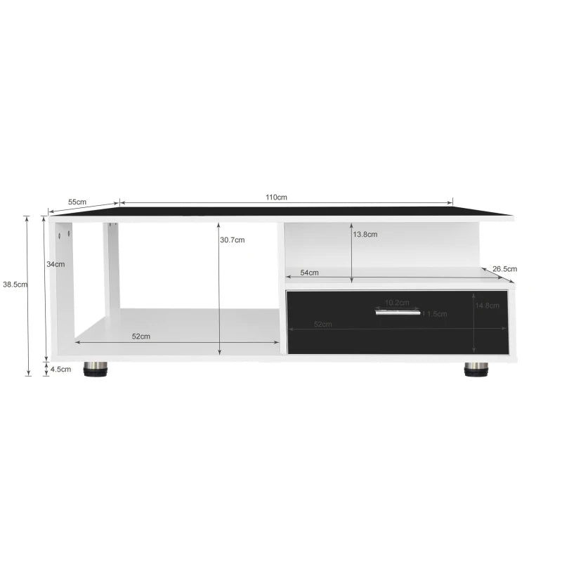 Modern LED coffee table with black glossy top with two drawers, color combination black and white