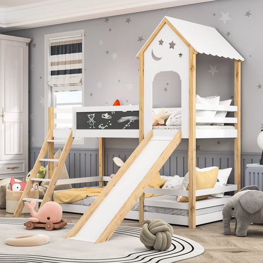 Wooden Bunk Beds for Kids,9 x200cm,Tree House Toddler Bed with Slide and Ladder,Bed Frame with Blackboard,Without mattress