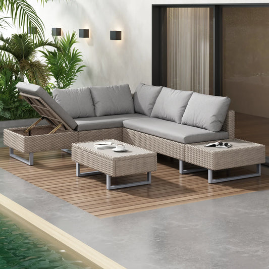 Poly Rattan Garden Lounge Set – 4-5 Seater Corner Sofa with Table & Cushions, Removable Washable Covers, Khaki