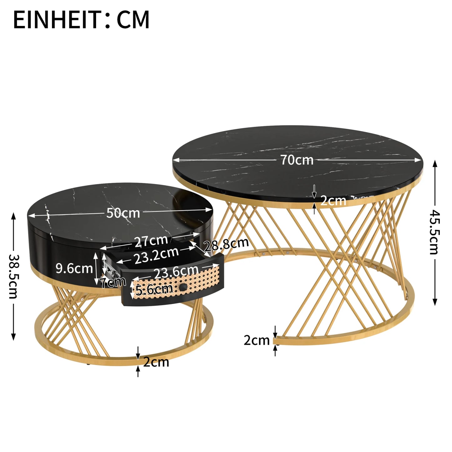 Comanlai 2-in-1 Round MDF Coffee Table,Side Table with Drawers,Wood Handles and Golden Iron Feet 70x70x45.5cm+ 50x50x38.5cm