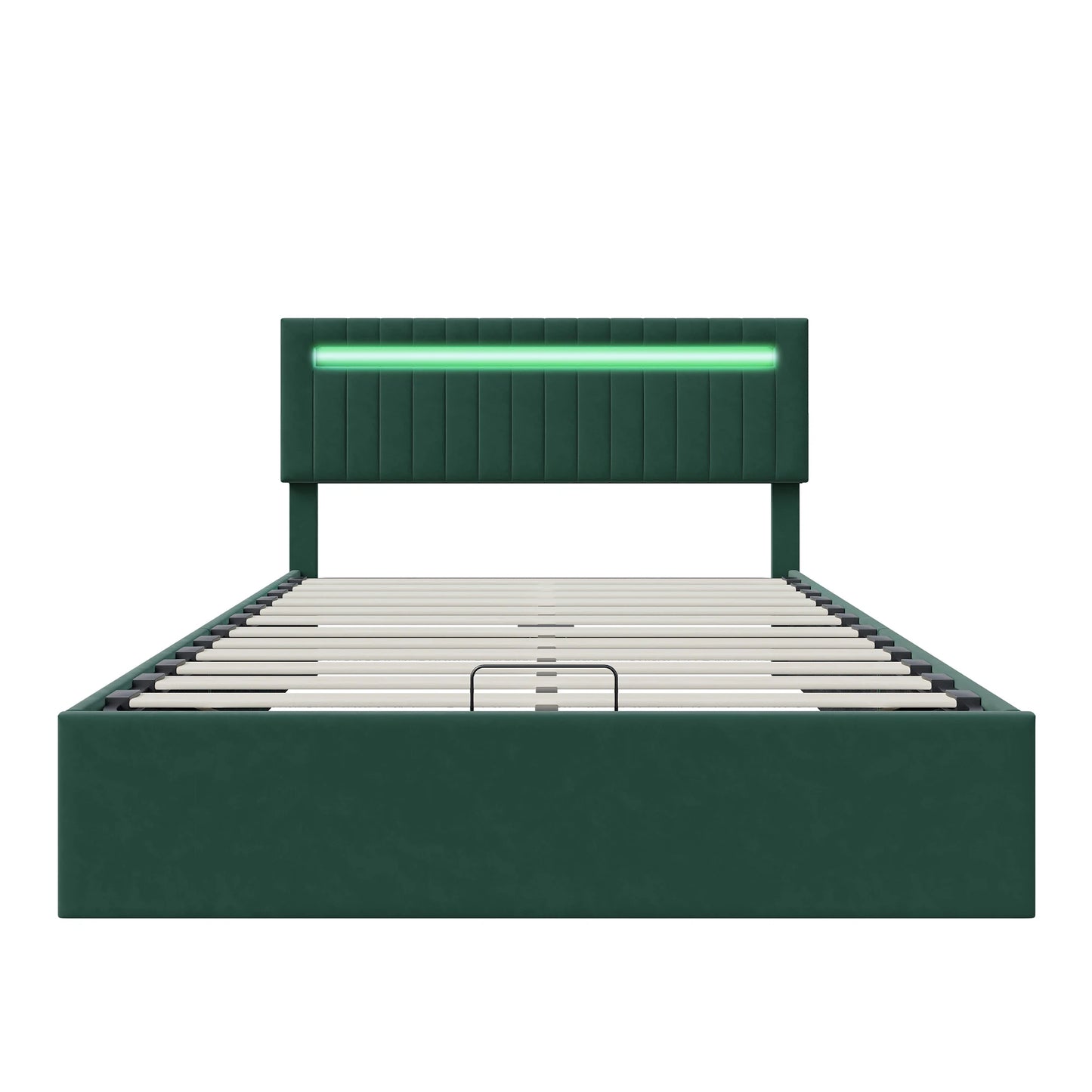 Lazyspace Green Vertical-Striped Upholstered Beds, 2 Level Adjustable Headboard Pneumatic Bed, RGB Bedhead Light Storage Bed
