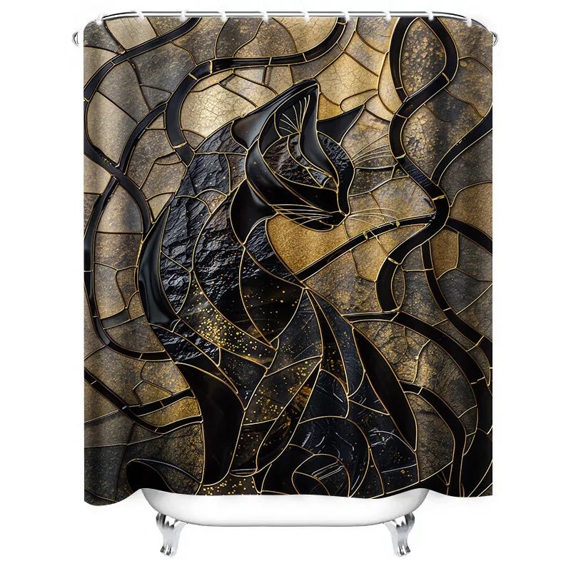 Luxurious Gold Black Cat Print Shower Curtain 3D Waterproof Decor for Bathroom Modern Home Accessories Easy Installation Kit Inc