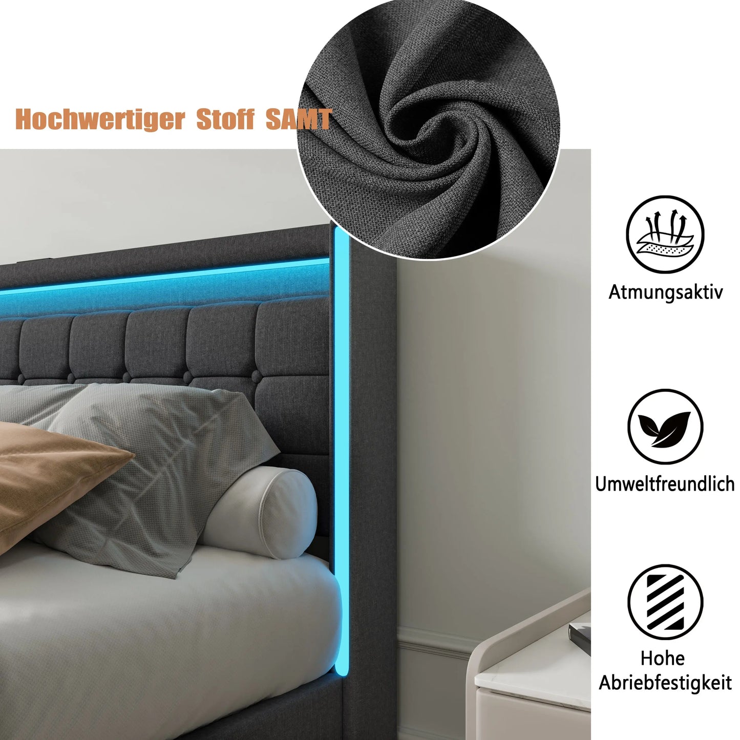 Creahappy Soft-padded bed frame - 160x200cm - with LED lights, charging ports at the headboard, and four storage compartments