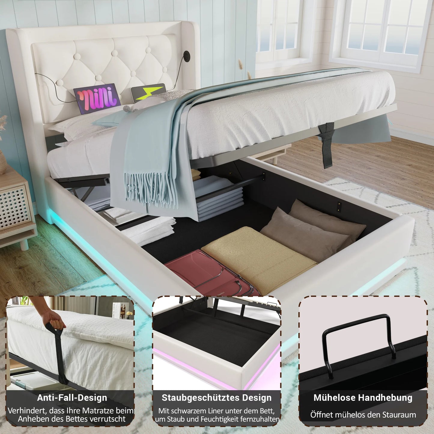 Merax Upholstery bed 90x200 Single Bed USB C Headboard 3 Sided Hydraulic Bed Storage White PU