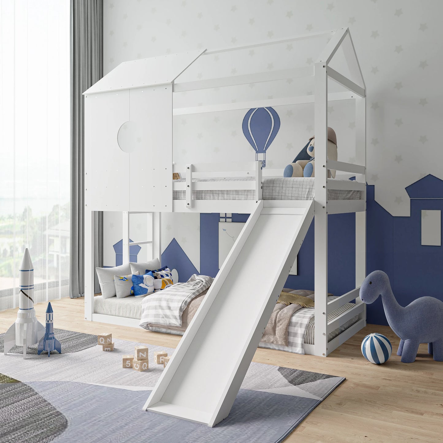 Lazyspace Children's Bunk Bed, with Slide, White Bunk Bed with Roof, with Full Protection and Slatted Frames, 90 x 200cm
