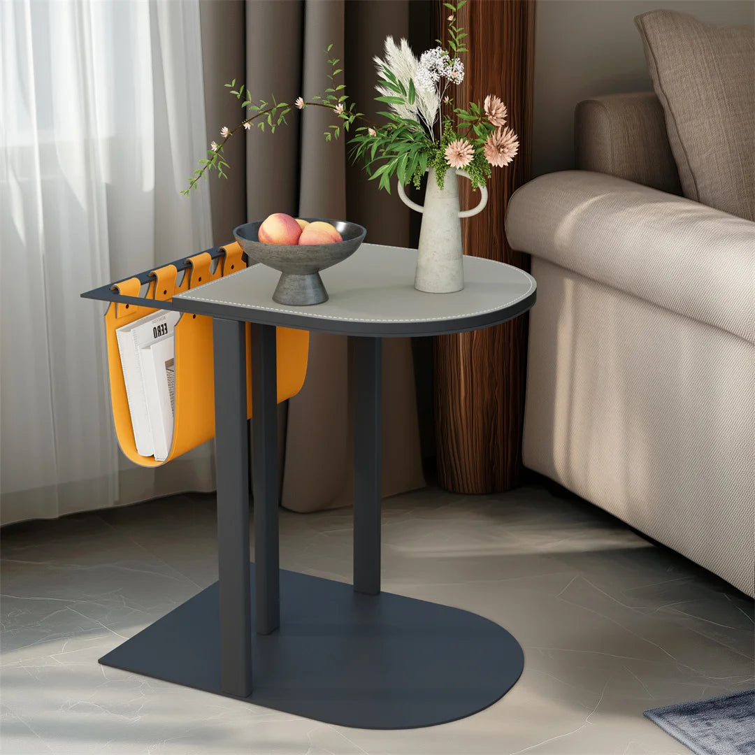 LUVODI Sofa Side Table with Magazine Rack Light-luxury Bedside End Table with Microfiber Saddle Leather for Living Room Bedroom