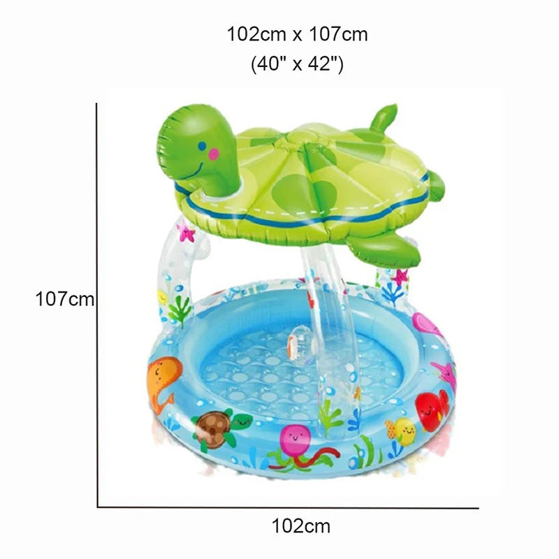 Inflatable Swimming Pool for Baby Kiddie 1-3Y with Turtle Shape Sunshade Canopy Sea Pattern Fun Outdoor Water Play Pool Toy