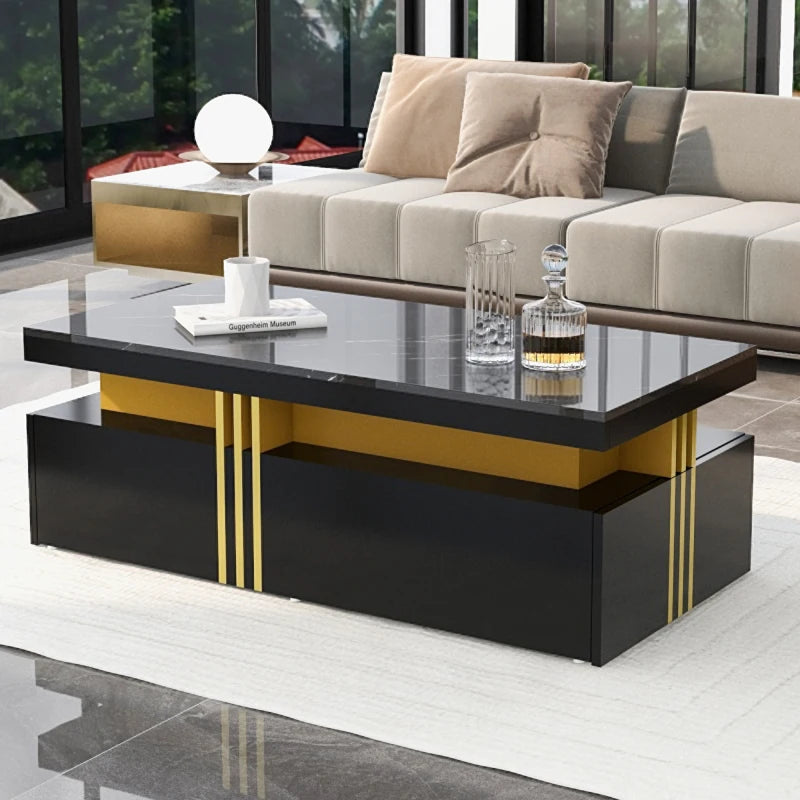 70 L x 35,5 H x 70 B (cm) Coffee table, Black high gloss living room table, side table with drawers and golden accents