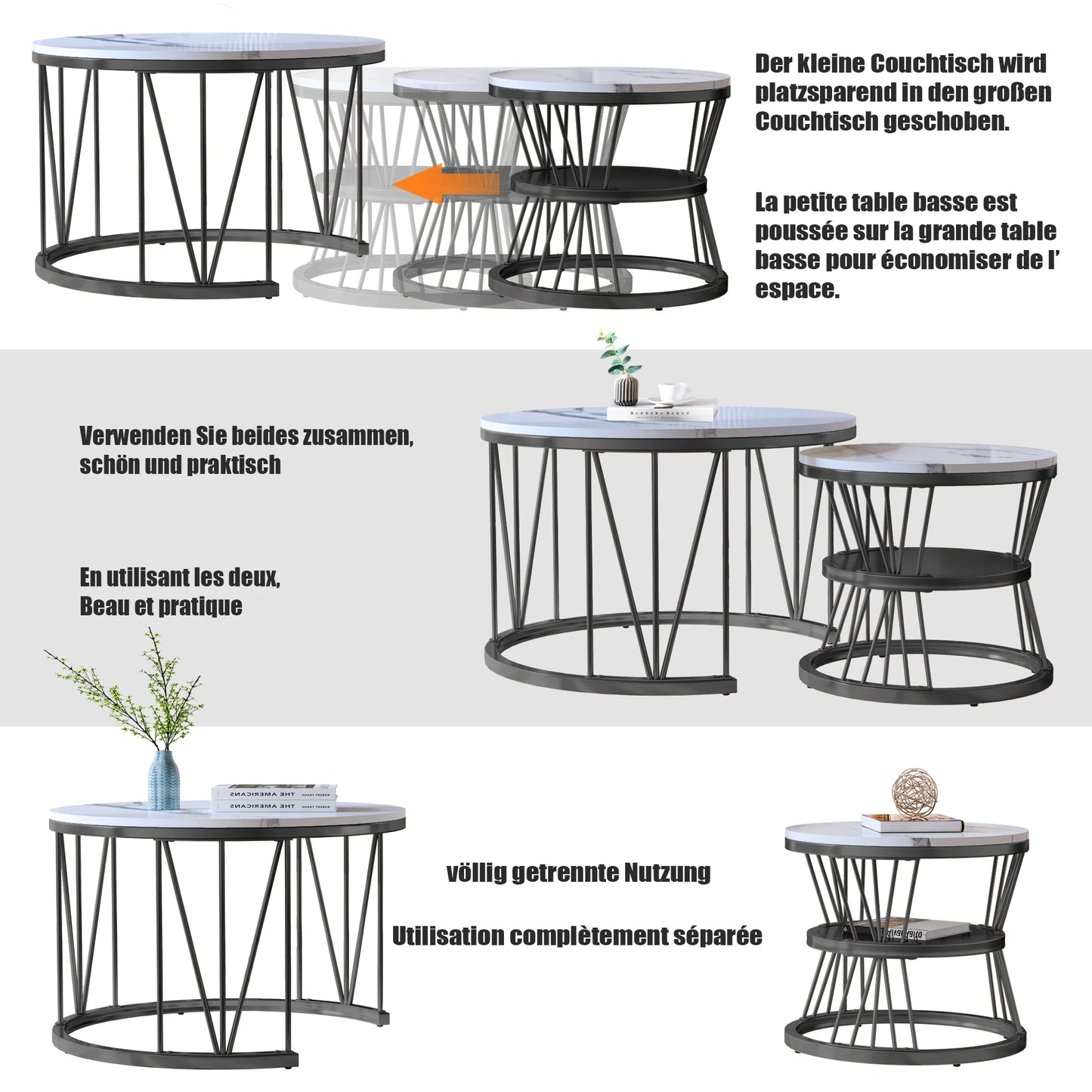 Coffee Table, Round coffee Table Set of 2, Marble Look Coffee Table with Metal Leg Frame, Sofa-side Table, Embedded Coffee Table
