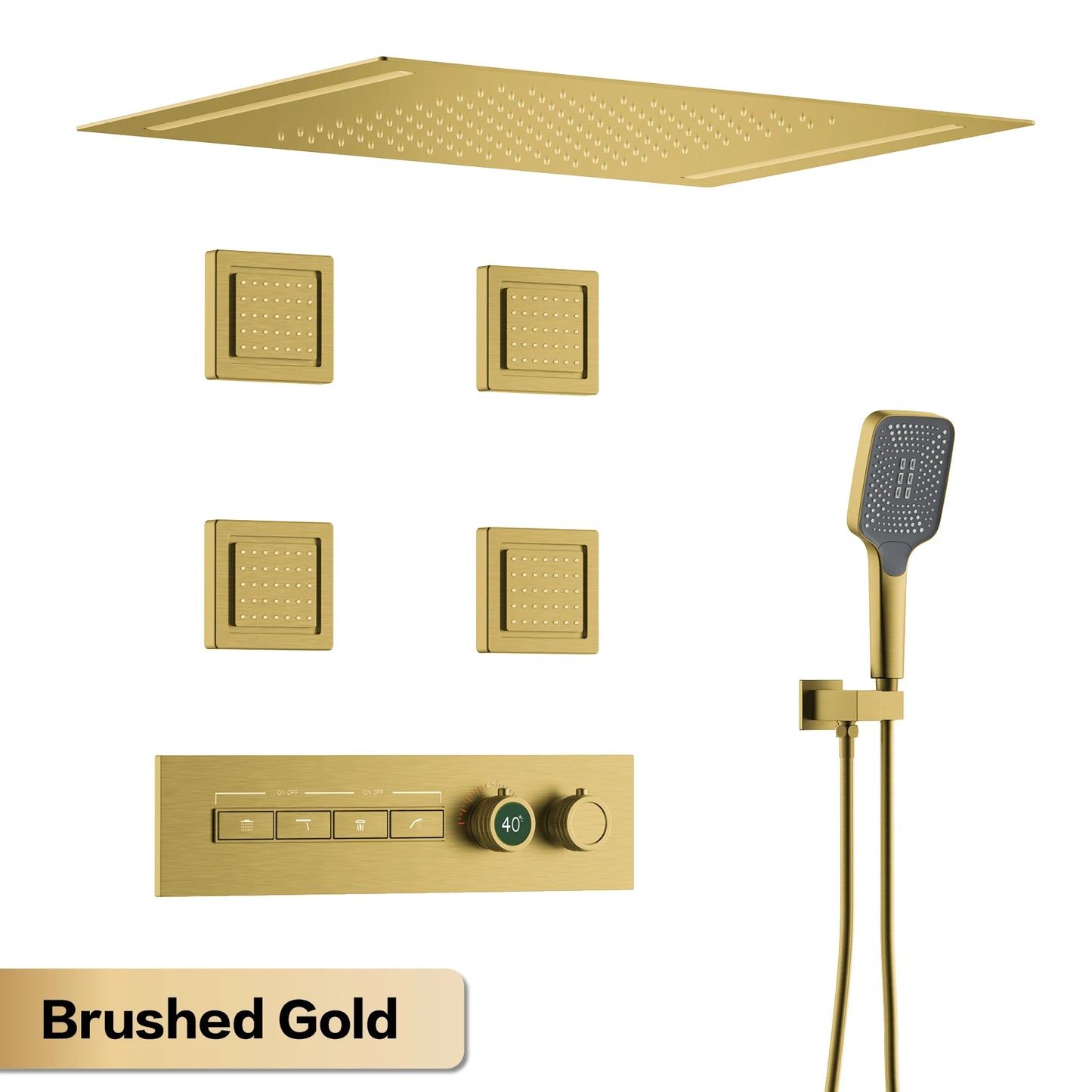 Luxury Gun Grey Brass Thermostatic Shower System Ceiling-Embedded Rainfall&Waterfall Outlet with LED Display Bathroom Mixer Tap