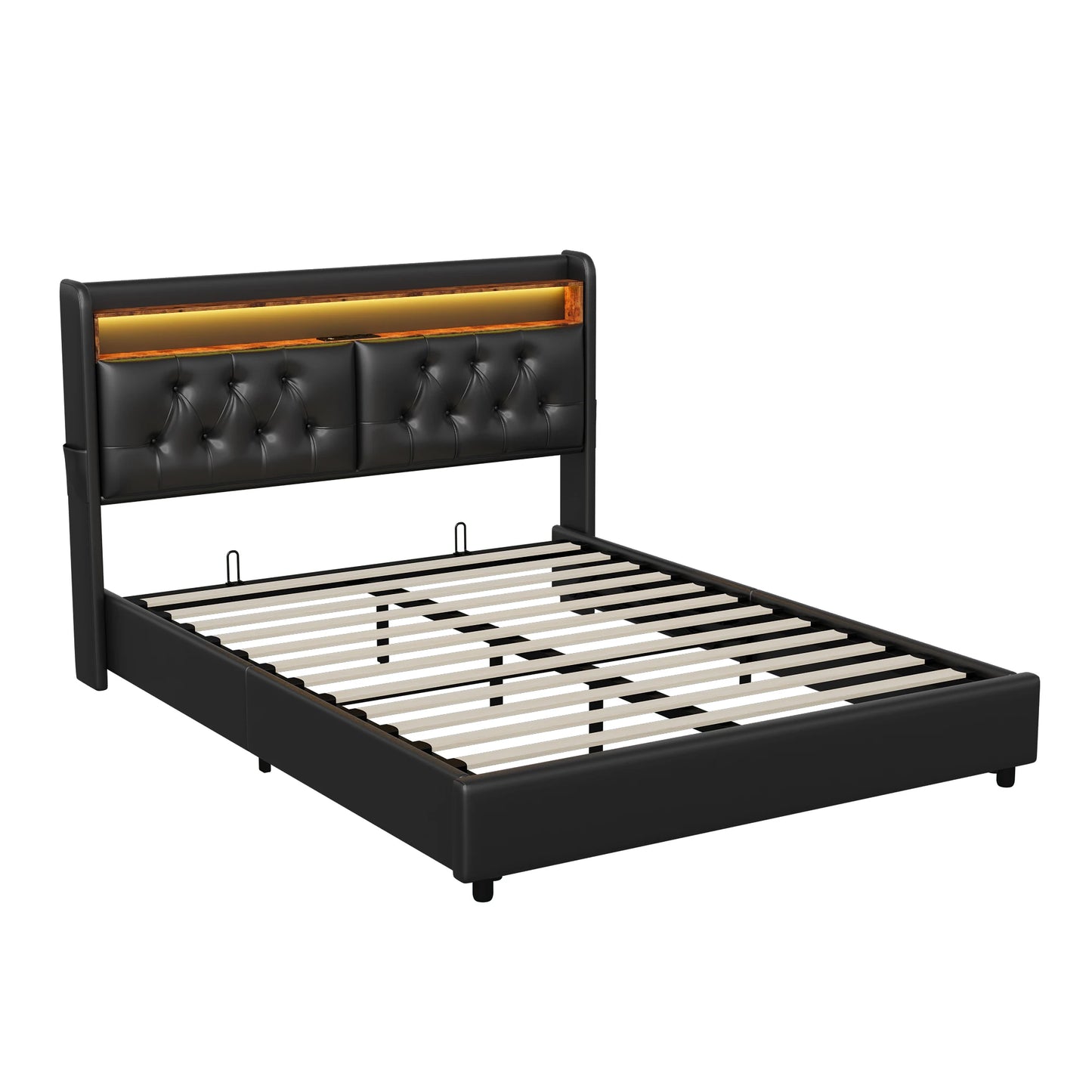 Lazyspace Black PU Upholstered Bed, Hydraulic Storage Bed, European Modern Double Bed Frame with LED Lighting & USB Port